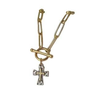 Gold Tone Cross Link Necklace Silver Tone Cross Pendant Religious Spiritual NWOT